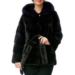 Норковая шуба с капюшоном 70см (Темно-синий)