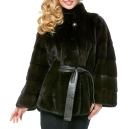 Норковая шуба с воротником-стойкой 70см (Темно-зеленая)