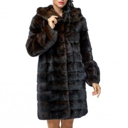 Норковая шуба с капюшоном 90см (Темно-коричневый)