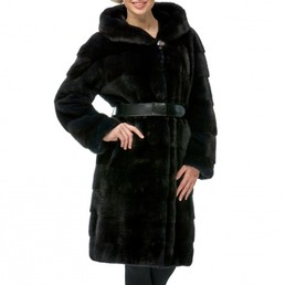 Норковая шуба с капюшоном 100см (Темно-синий)