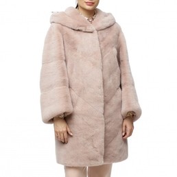 Норковая шуба с капюшоном 90см (Пудра)