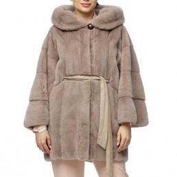 Норковая шуба с капюшоном 80см (Пудра)