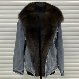 Джинсовая куртка синяя с мехом песца (Темно-коричневый)