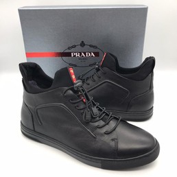Мужские высокие кеды Prada 2021-2022 кожаные черные