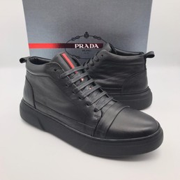 Мужские высокие кеды Prada кожаные черные