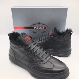 Мужские высокие кеды Prada кожаные черные