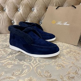 Мужские зимние лоферы Loro Piana темно-синие замшевые на овчине