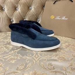 Мужские зимние лоферы Loro Piana синие замшевые на овчине