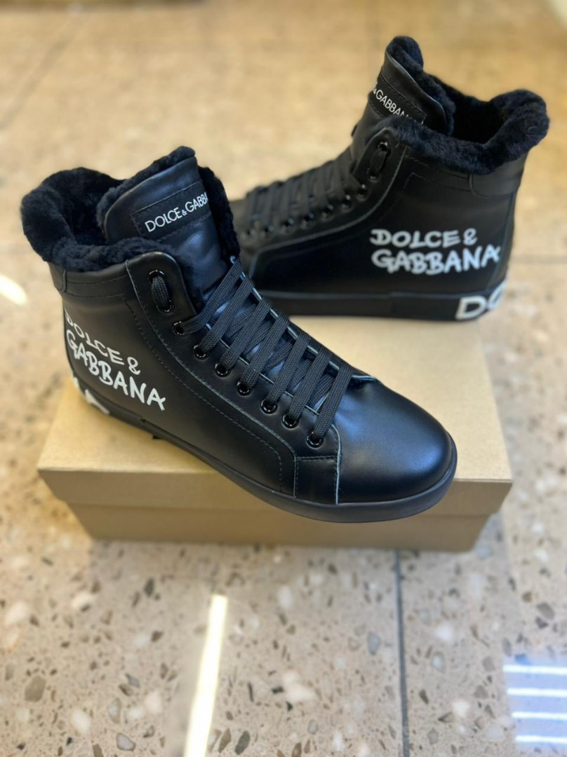 Мужские зимние кеды на меху Dolce&Gabbana черные кожаные