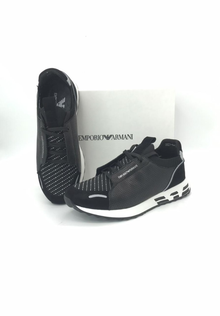 Мужские кроссовки Emporio Armani 2022-2023 черные кожаные с текстурой