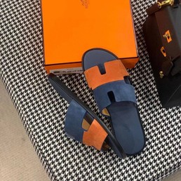 Мужские шлепанцы Hermes 2022 синие с оранжевым