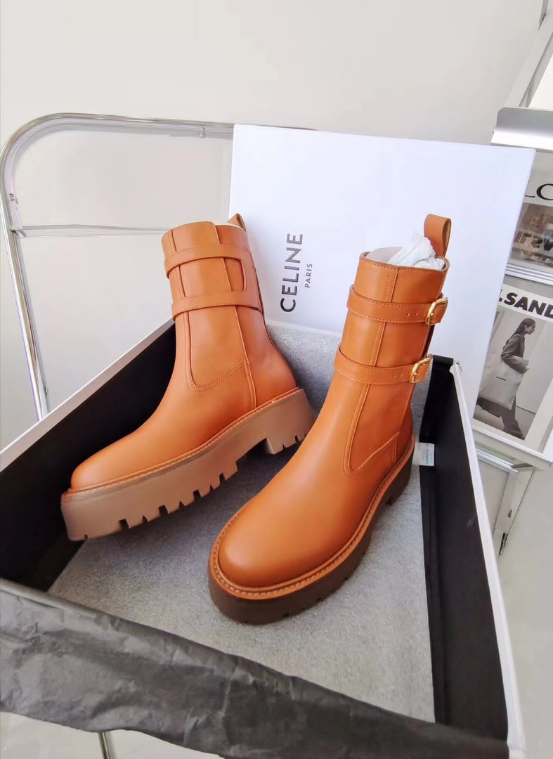 Женские ботинки Celine 2022 коричневые кожаные без шнурков