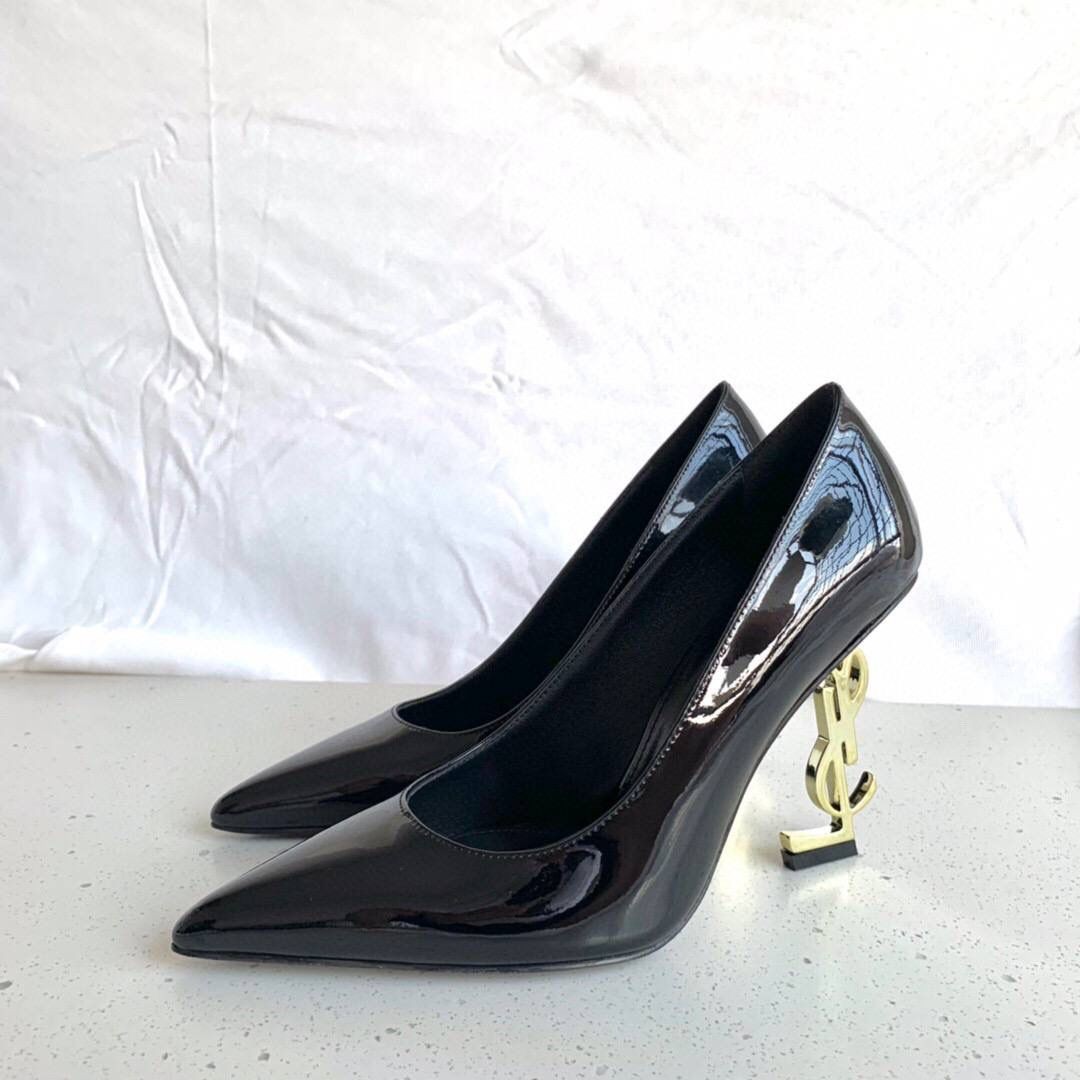 Женские туфли Saint Laurent 2022 черные лакированные с шпилькой под золото