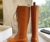 Женские высокие ботинки Celine 2022 коричневые кожаные со шнуровкой