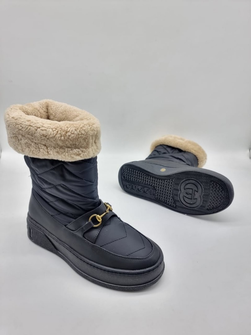 Женские ботинки Gucci 2022 черные с мехом