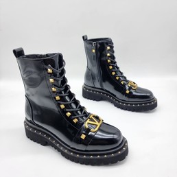 Женские ботинки Valentino 2022 кожаные черные высокие на шнурках