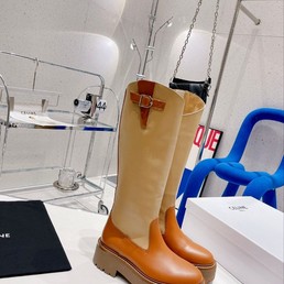 Женские сапоги Celine 2022 коричневые с бежевым кожаные