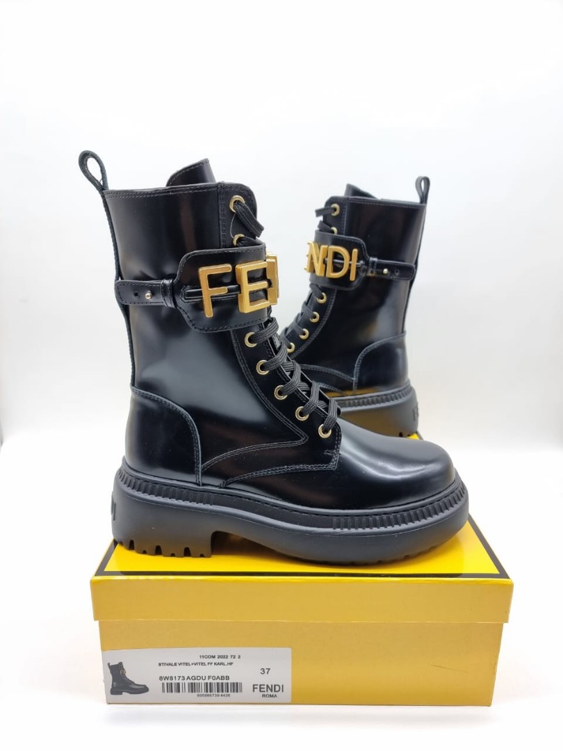 Женские высокие ботинки Fendi 2022 кожаные черные