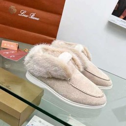 Женские лоферы Loro Piana 2022 замшевые серые с оттенком зимние с мехом