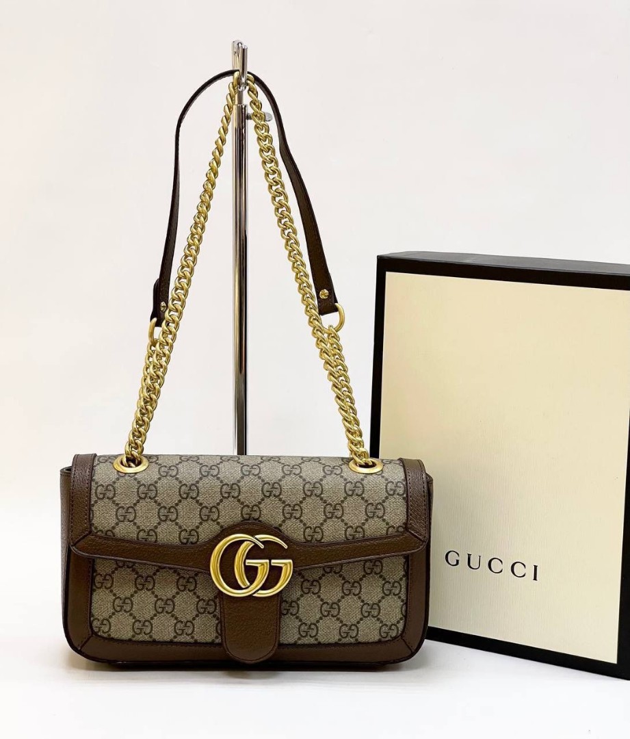 Женская сумка Gucci серая с коричневым 27Х16