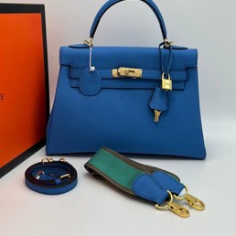 Женская сумка Hermes голубая 32x24 кожаная