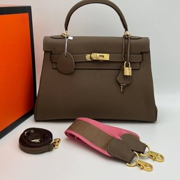 Женская сумка Hermes светло-коричневая 32x24 кожаная