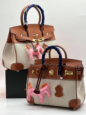 Женская текстильная сумка Hermes 2022-2023 коричневая с бежевым 30х25