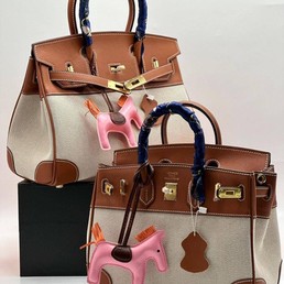 Женская текстильная сумка Hermes 2022-2023 коричневая с бежевым 25х20