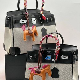 Женская текстильная сумка Hermes 2022-2023 черная с бежевым 30х25