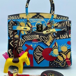 Женская кожаная сумка Hermes 2022-2023 синяя с желтым 30х25