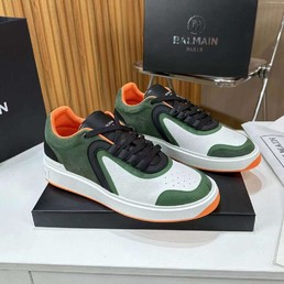 Мужские кожаные кроссовки Balmain 2022-2023 белые с зеленым и оранжевым