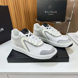 Мужские кожаные кроссовки Balmain 2022-2023 белые с серыми замшевыми вставками