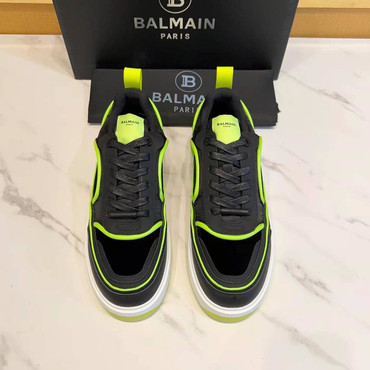 Мужские кожаные кроссовки Balmain 2022-2023 черные с зеленым и замшевыми вставками