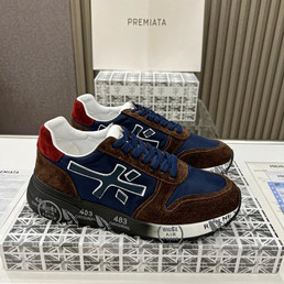 Мужские текстильные кроссовки Premiata 2022-2023 синие с красной и коричневой замшей