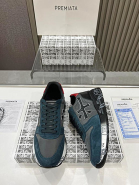 Мужские текстильные кроссовки Premiata 2022-2023 серые с синей замшей
