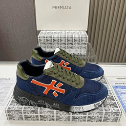 Мужские текстильные кроссовки Premiata 2022-2023 синие с зеленым и замшей