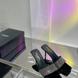 Женские кожаные туфли Saint Laurent 2022-2023 черные со стразами