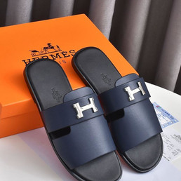 Мужские кожаные шлепанцы Hermes 2023-2024 синие с эмблемой Н