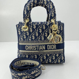 Женская текстильная сумка 24х20 Christian Dior 2023-2024 синяя с белыми эмблемами