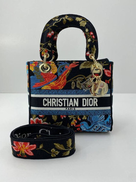 Женская текстильная сумка 24х20 Christian Dior 2023-2024 черная с цветными птицами