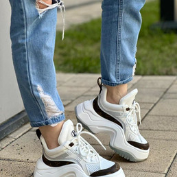 Женские комбинированные кроссовки Louis Vuitton Archlight 2023-2024 белые с коричневой полосой