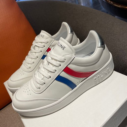 Женские кожаные кроссовки Celine 2023-2024 белые с синей и красной полосой
