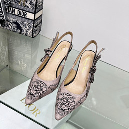 Женские текстильные туфли Christian Dior 2023-2024 розовые с черным цветком на каблуке