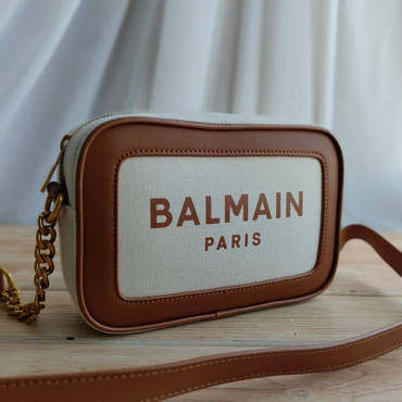 Женская текстильная сумка Balmain 22х15 2023-2024 бежевая с коричневым