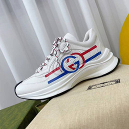 Мужские кожаные кроссовки Gucci Run 2023 белые с синем и красным рисунком