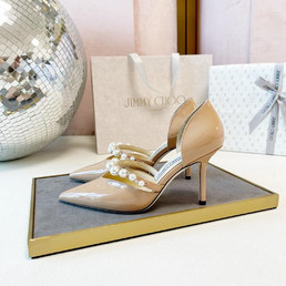 Женские кожаные туфли Jimmy Choo 2023 бежевые с украшением под жемчуг