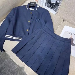 Женский костюм Celine 2023 бомбер с юбкой синий