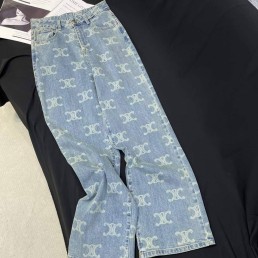 Женские джинсы Celine 2023 голубые с принтом