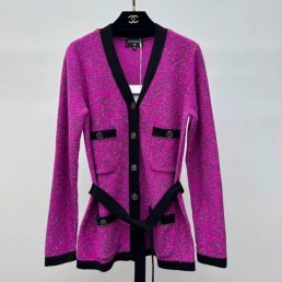 Женский шерстяной кардиган Chanel 2023 розовый с поясом