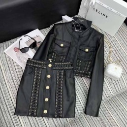 Женский кожаный костюм Balmain 2023 черный со шнуровкой